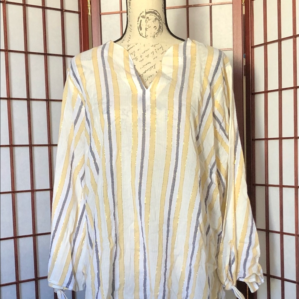 Michael Kors Metallic Stripe Tie Sleeve Blouse